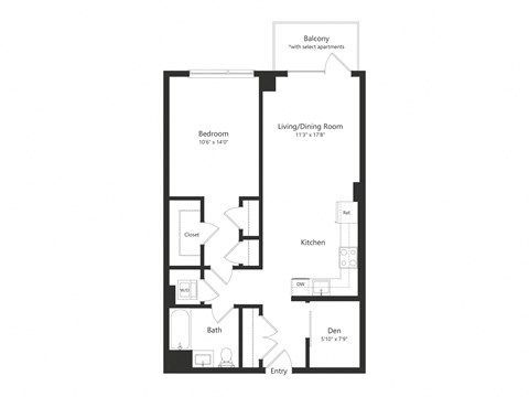 Floor plan for 1 bed, 1 bath, 808 sqft